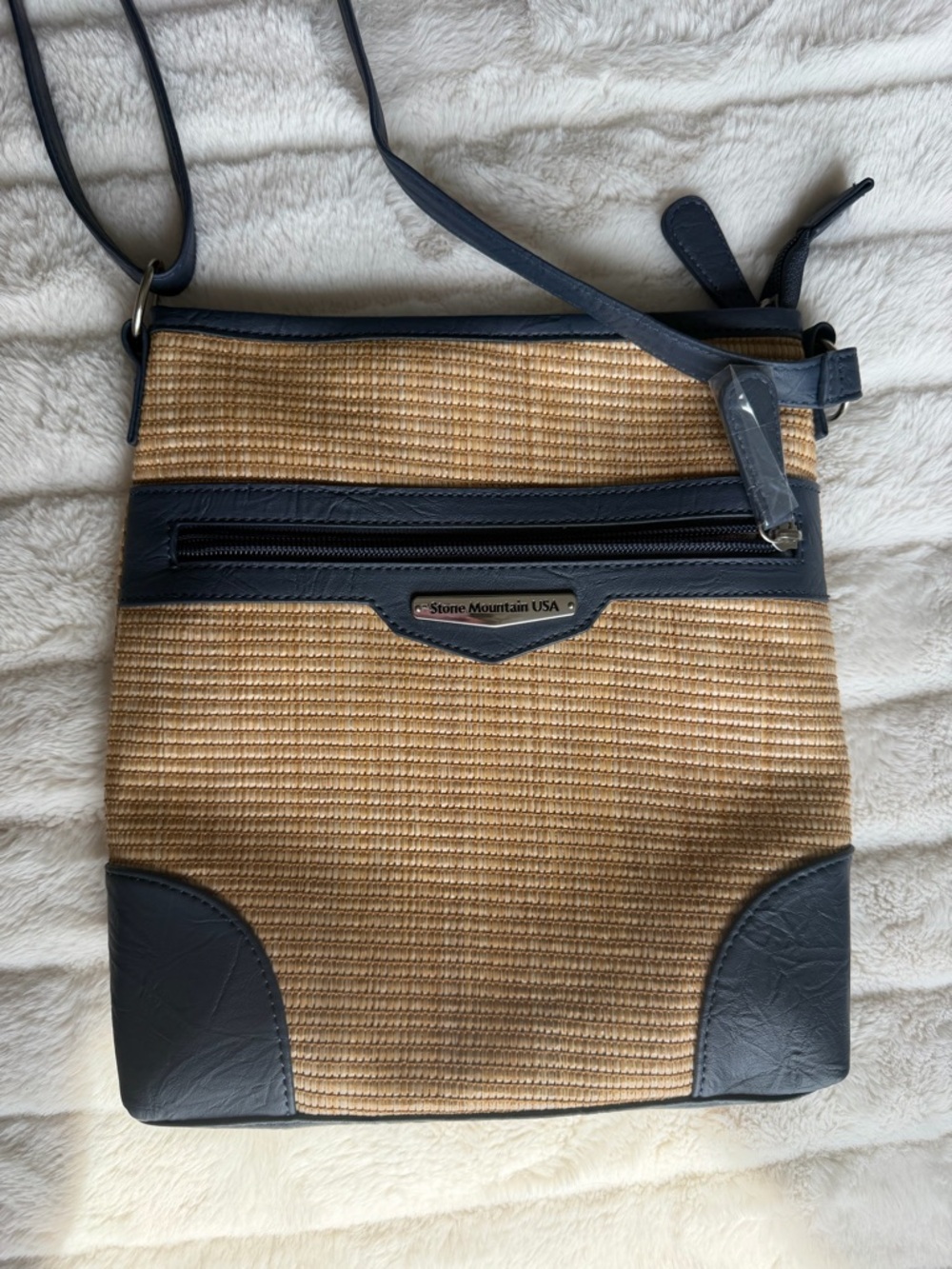 Stone Mountain Navy Straw-Trim Crossbody Bag
